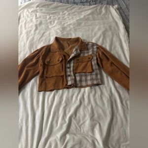 Cropped Suede-Look Patch Pocket Jacket with Plaid Panel - Brown